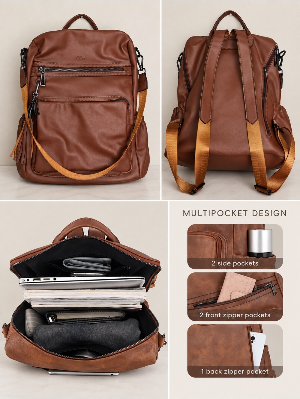 Everyday Brown Faux Leather Multipocket Backpack - Women